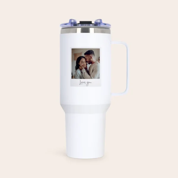 Personalized Stainless Steel Travel Tumbler with Handle & Straw | Custom Photo Insulated Mug 40oz