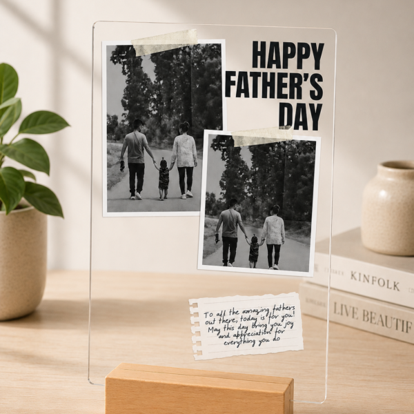 Father's Day dual photo acrylic plaque with black and white family photos on desk
