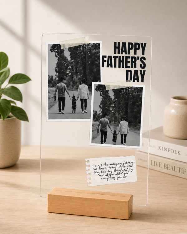 Father's Day dual photo acrylic plaque with black and white family photos on desk