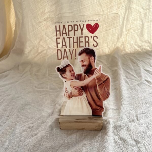 Daddy You're My Hero Acrylic Frame - Product Shot Daddy you're my hero acrylic frame with father daughter cutout photo