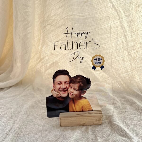 Happy Father's Day acrylic frame with father-son photo on wooden stand
