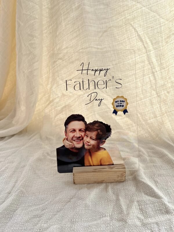 Happy Father's Day acrylic frame with father-son photo on wooden stand