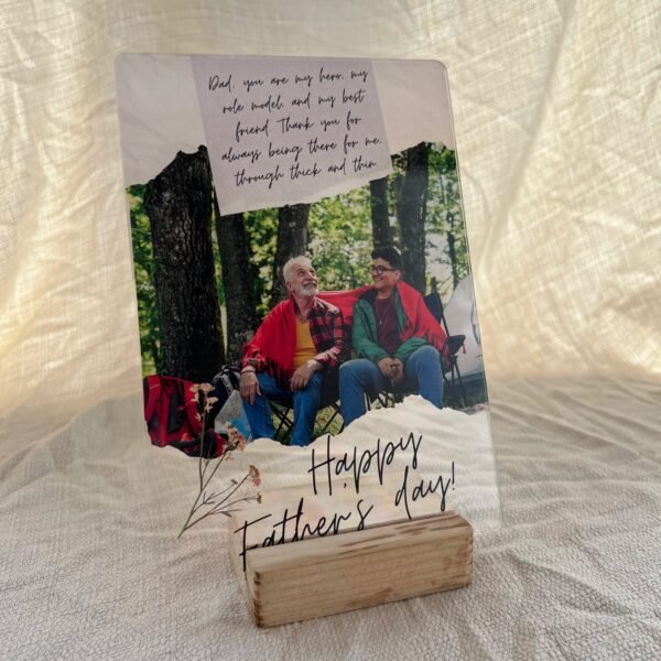 Dear Dad personalized acrylic letter frame side view with wooden stand
