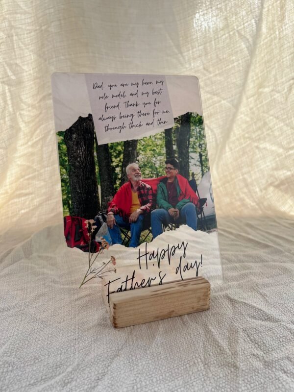 Dear Dad personalized acrylic letter frame side view with wooden stand