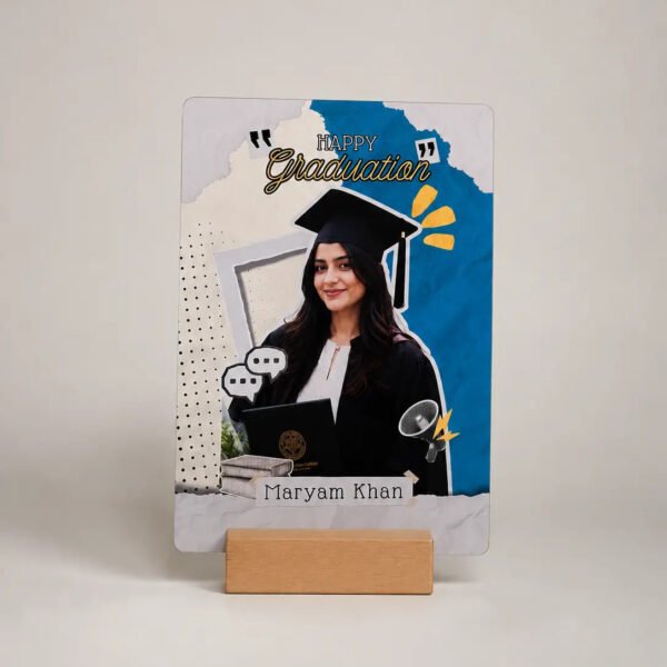 Scrapbook style graduation acrylic plaque with photo and name on wooden stand