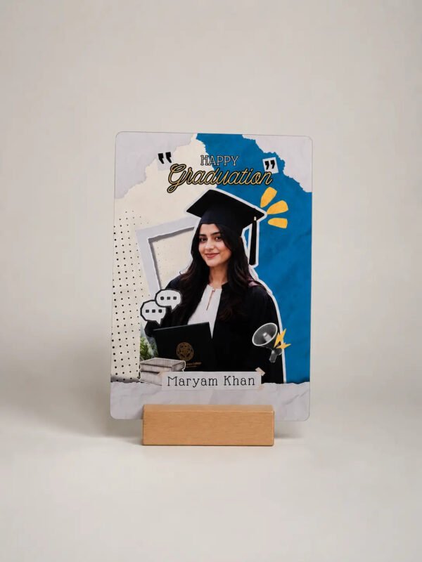 Scrapbook style graduation acrylic plaque with photo and name on wooden stand