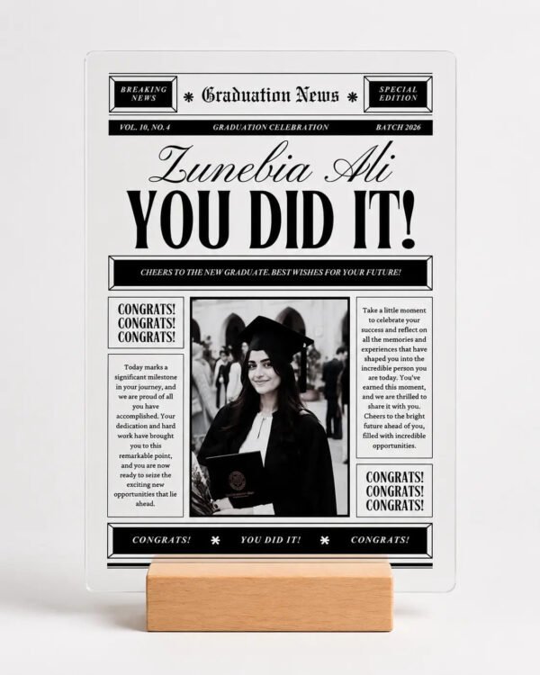 Graduation News Vintage Newspaper Plaque - Close-up Vintage newspaper graduation acrylic plaque close-up with black and white photo