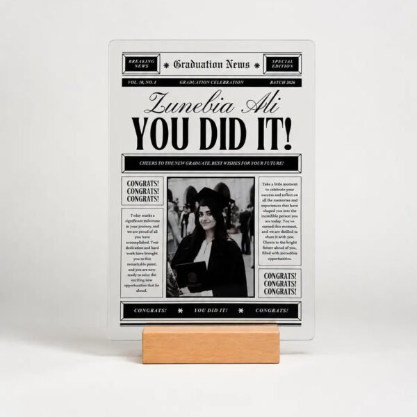 Vintage newspaper graduation acrylic plaque standing on wooden base