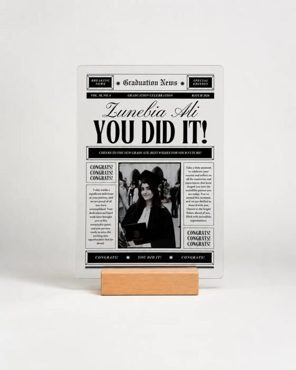 Graduation News Vintage Newspaper Plaque - Full View Vintage newspaper graduation acrylic plaque standing on wooden base