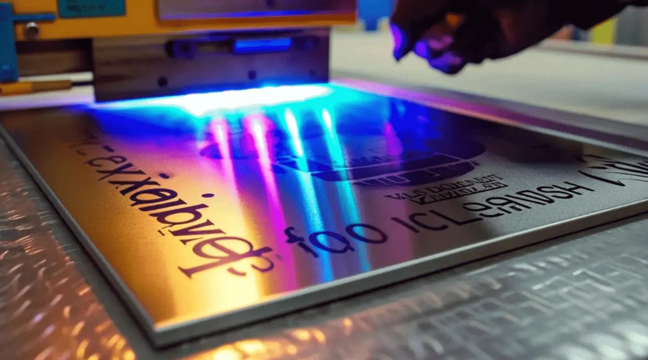 UV printing machine curing ink on metal plate with colorful light.