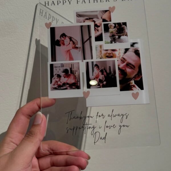 Father's Day polaroid collage acrylic plaque with custom message held in hand