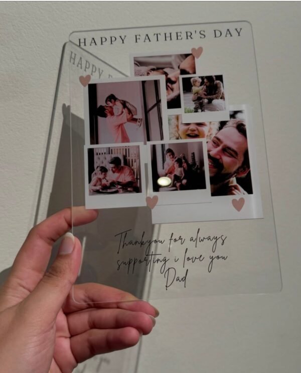 Father's Day Polaroid Collage with Custom Message - Product Shot Father's Day polaroid collage acrylic plaque with custom message held in hand