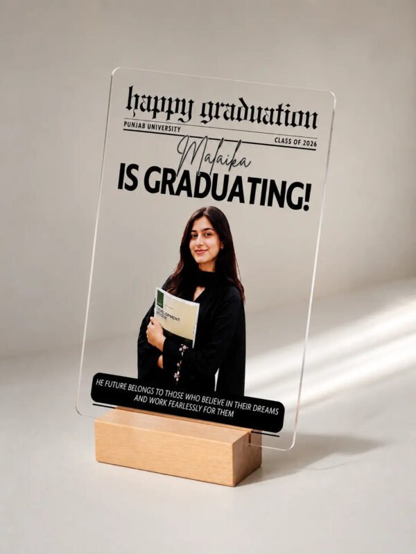 Graduation newspaper acrylic frame side angle with wooden stand