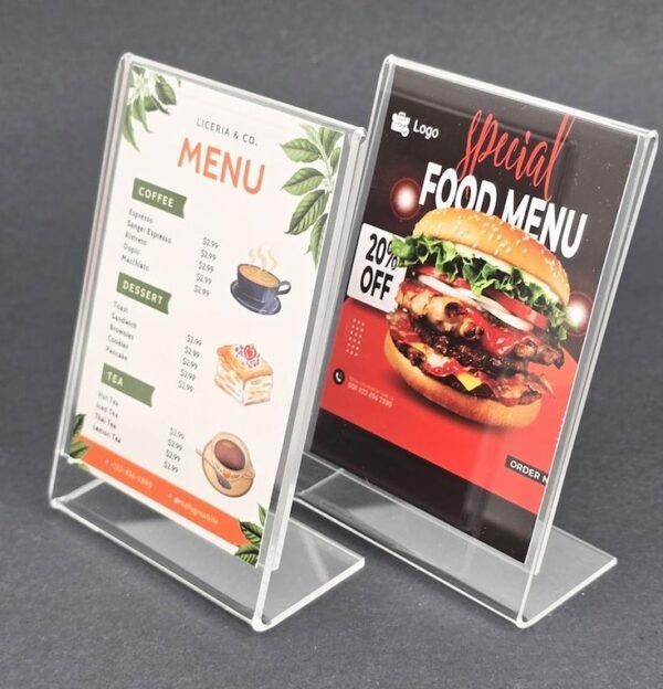 Custom Acrylic Menu Display Stand Clear acrylic menu display stand with printed restaurant menu cards