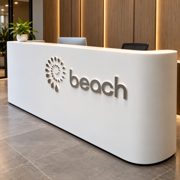 Custom acrylic display sign with 3D logo on reception desk