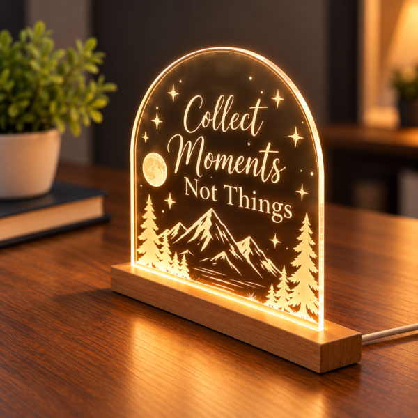 Right-angle view of a glowing arched acrylic LED lamp with mountain engraving, stars, moon, and a slim wooden base.