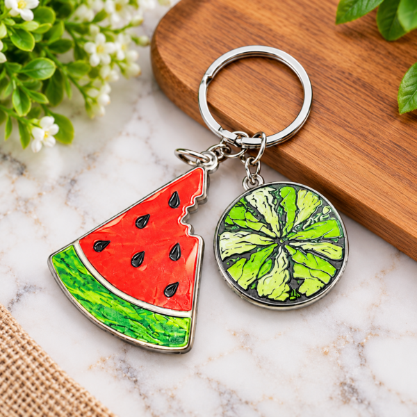 UV spot printed double charm keychain with watermelon and lime designs, featuring one-side printing.