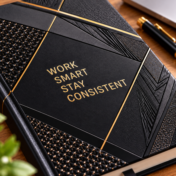Black Gold Diary Cover – UV Spot Printing Detail Close-up of gold lettering and textured geometric design on a black UV spot printed diary