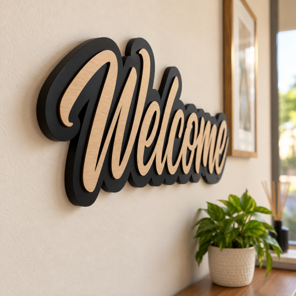 Custom 3D acrylic welcome wall sign with black and wood finish