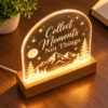 Engraved Acrylic LED Lamp – Top View Top-angle view of an engraved acrylic LED lamp with Collect Moments Not Things lettering, moon, stars, mountains, and wooden base.