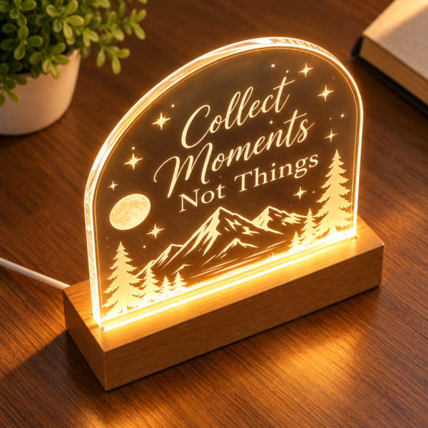Engraved Acrylic LED Lamp – Top View Top-angle view of an engraved acrylic LED lamp with Collect Moments Not Things lettering, moon, stars, mountains, and wooden base.