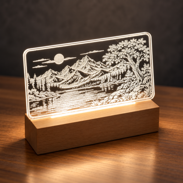 Illuminated engraved acrylic landscape panel with warm LED lighting and a wooden base.