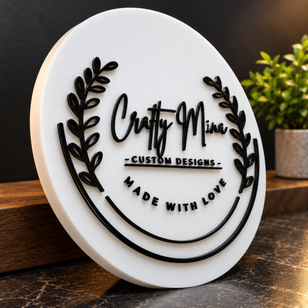 Custom 3D acrylic sign board with raised black lettering and leaf design