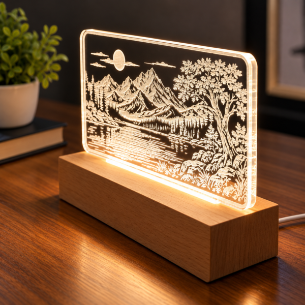 Engraved acrylic LED night lamp featuring a mountain and lake landscape design with a warm glowing wooden base.