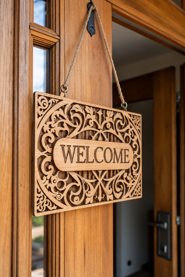 Custom laser engraved wooden welcome sign board hanging on a wooden door