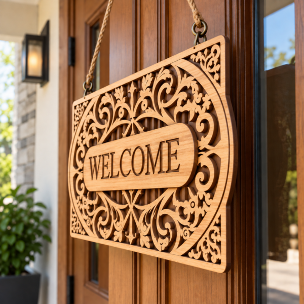 Custom laser engraved wooden welcome sign board hanging on a wooden door