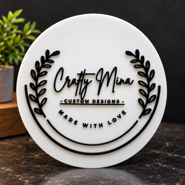 Custom 3D acrylic sign board with raised black lettering and decorative design