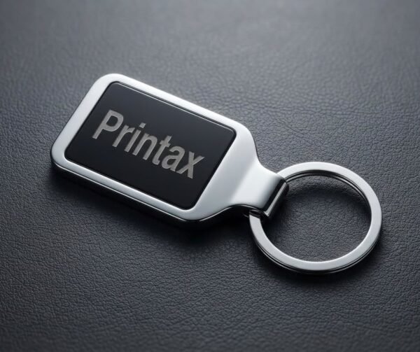 Fiber Laser Marked Metal Keychain Fiber laser marked metal keychain with custom Printax logo engraving