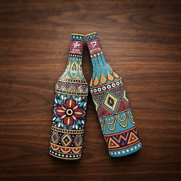 Custom acrylic bottle cutouts with colorful UV printing designs