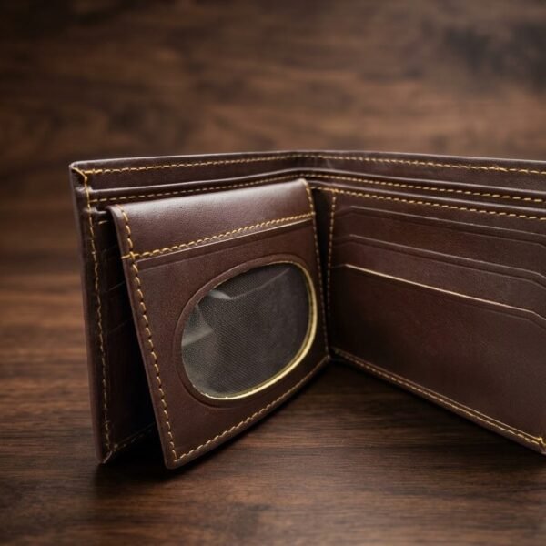 Brown leather wallet interior with multiple card slots and coin pocket