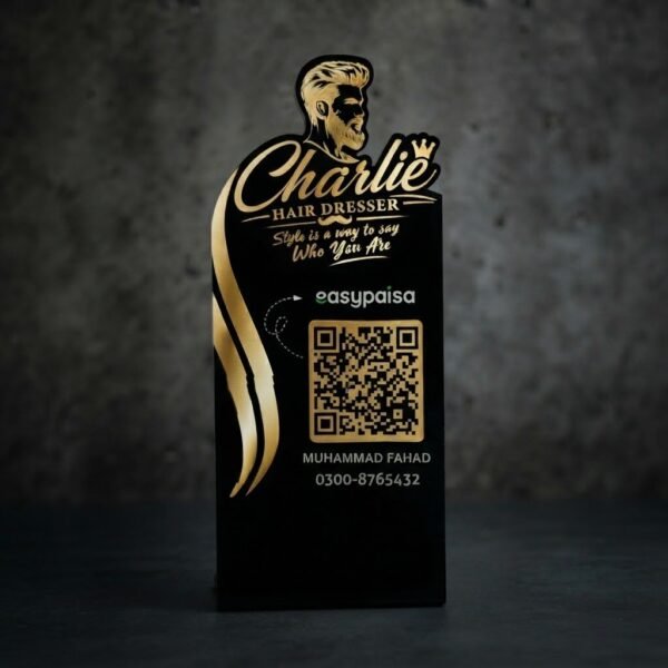 Custom acrylic payment QR stand with UV spot printing for hair salon