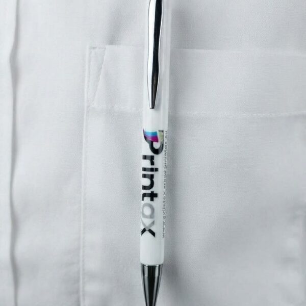 Custom UV DTF Printed Pen Custom UV DTF printed white pen with Printax logo