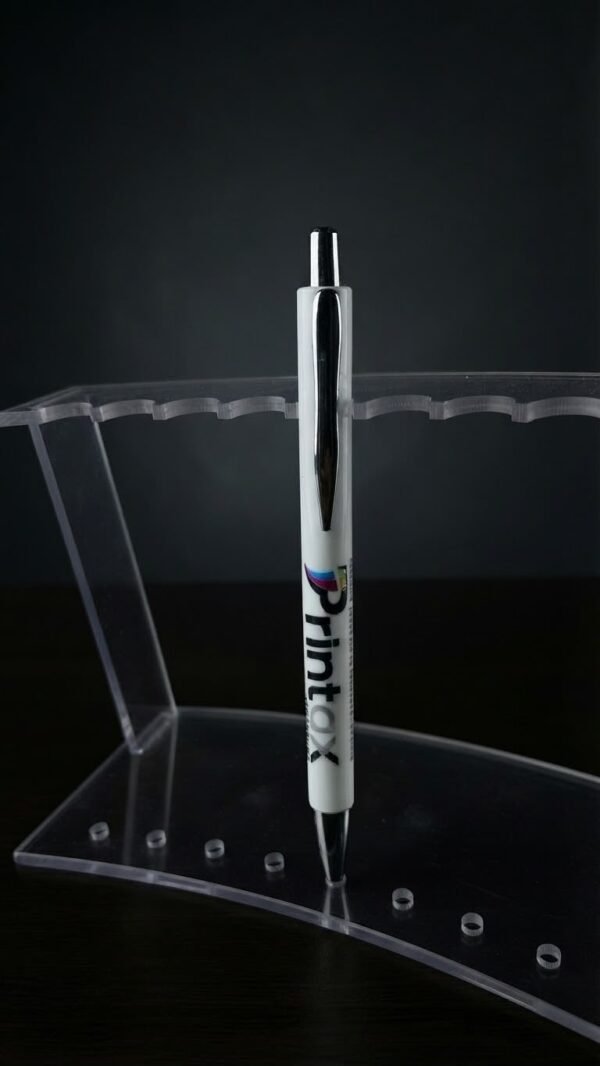 Custom UV DTF Printed Pen on Acrylic Stand Custom UV DTF printed white pen displayed on acrylic stand