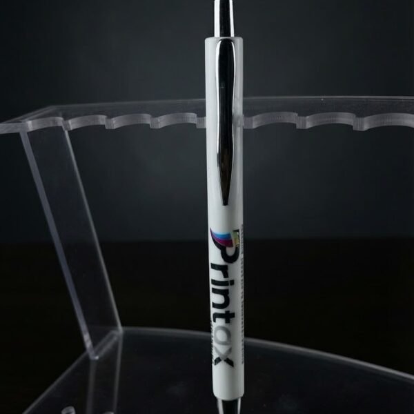 Custom UV DTF printed white pen displayed on acrylic stand