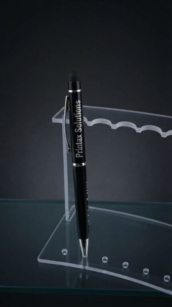 Custom fiber marked black metal pen on clear acrylic stand
