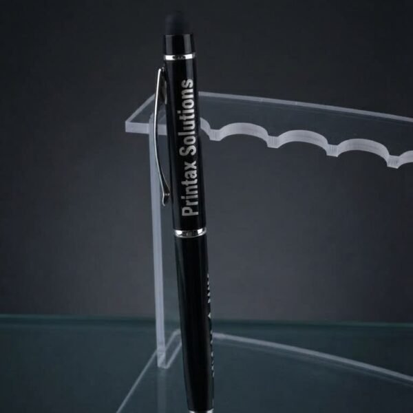 Custom fiber marked black metal pen on clear acrylic stand