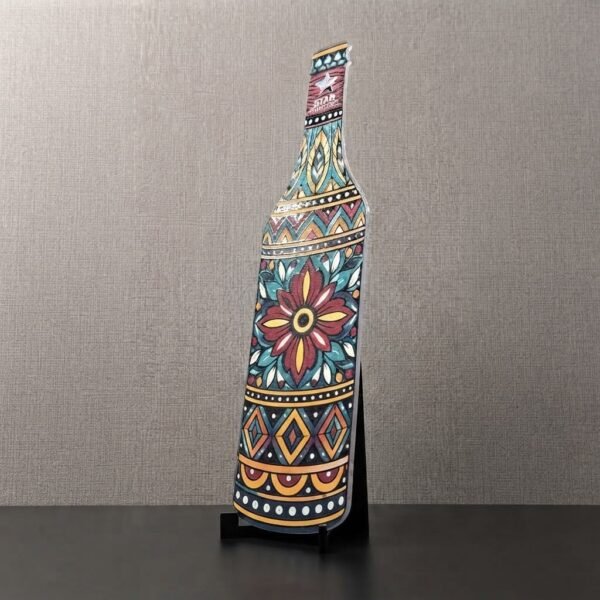 Custom acrylic cutout with colorful spot UV printing and wooden stand