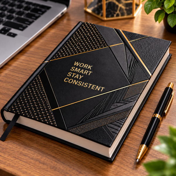 Black and gold luxury UV spot printed diary with geometric cover design