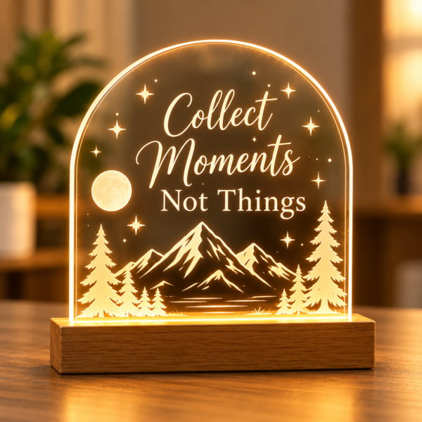 LED acrylic quote lamp with wooden base featuring Collect Moments Not Things and a glowing mountain forest design.
