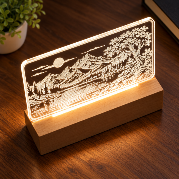 Custom Engraved Acrylic Landscape LED Lamp Engraved acrylic LED night lamp featuring a mountain and lake landscape design with a warm glowing wooden base.